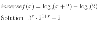 The inverse of f(x)=log_{6}(x+2)-log_{6}(2) is 3^x*2^{1+x}-2